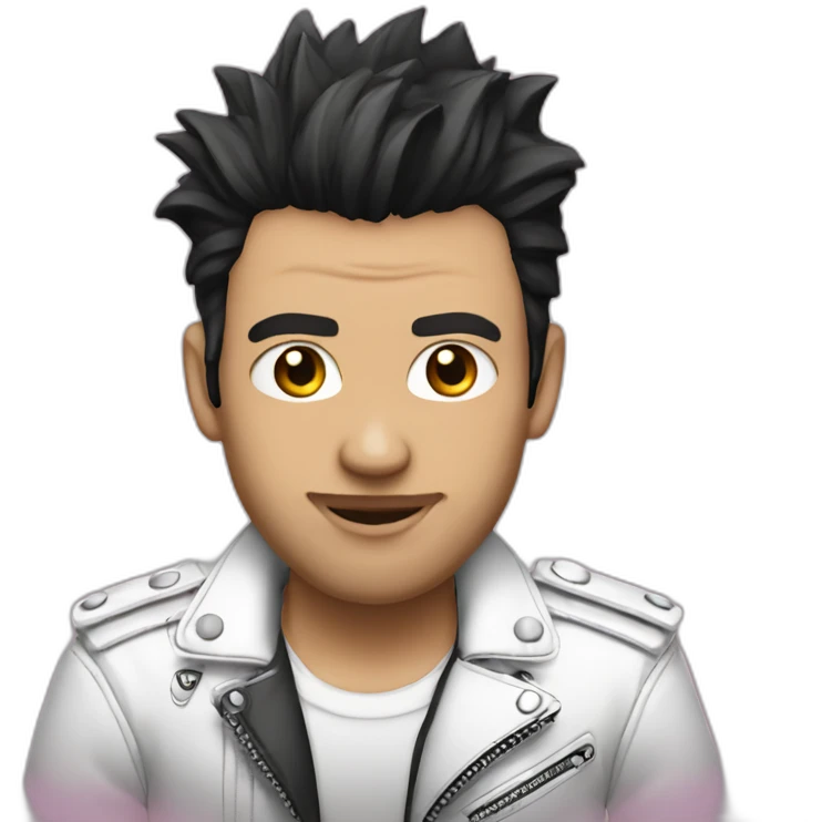 Punk male,dark hair, with white leather jackect,pink tshirt emoji
