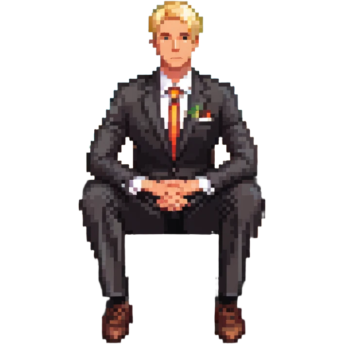 blonde businessman in suit sitting relaxed on vacation, resort background emoji
