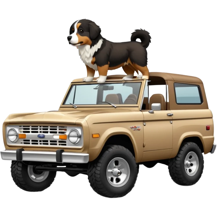 Sand colored ford bronco with no roof and Bernese mountain dog in the back emoji