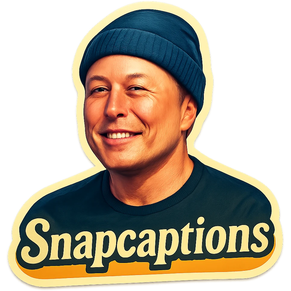 sticker of Elon Musk wearing a beanie cap with the name 'Snapcaptions', retro sticker style, colorful and energetic emoji
