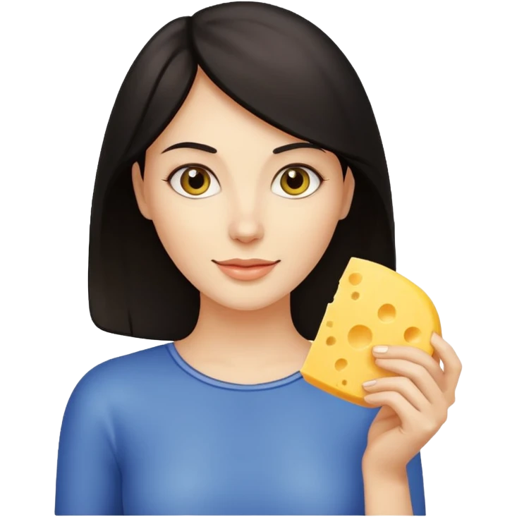 dark haired woman holding cheese piece emoji