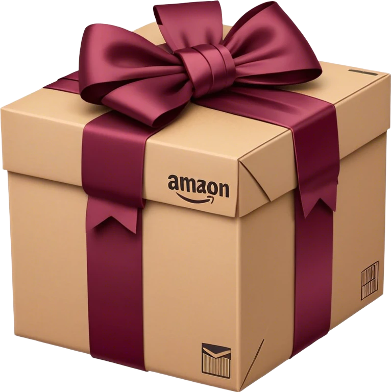 Amazon package with burgundy amazon logo and bow emoji