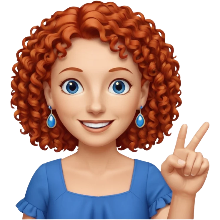 una profesora mayor simpática con el pelo rojo rizado, ojos azules, vestido azul y pendientes azules hablando sonriendo feliz indicando con un dedo emoji