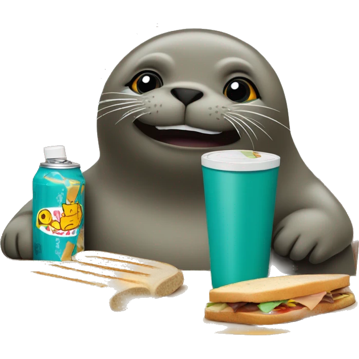 teal-coloured seal sitting behind a table with a sandwich, bottle of soda, and chocolate bar emoji