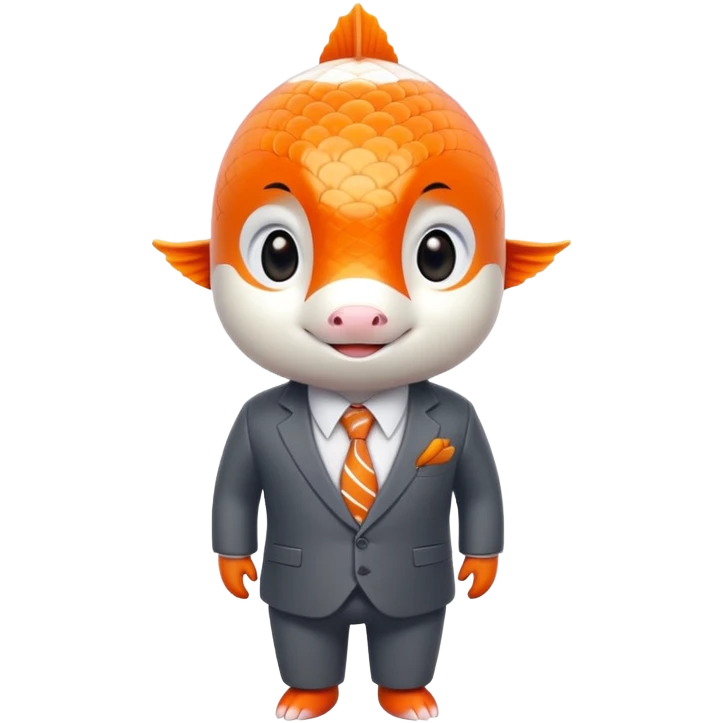 A charming and professional koi fish character, sleek rounded body with orange and white patterns, expressive eyes, friendly smile, wearing a neat business suit, white shirt, and tiny tie emoji