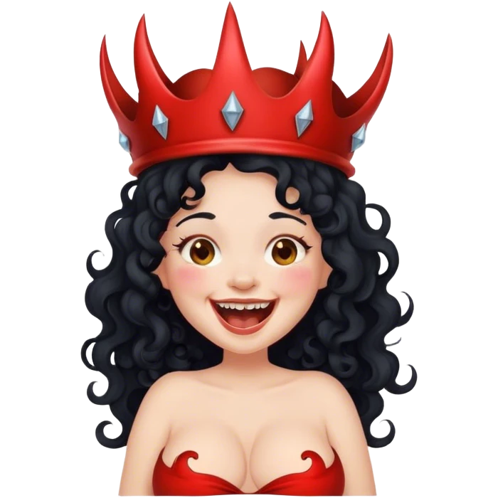 Pregnant fair woman  long black curly hair laughing with devil crown  emoji