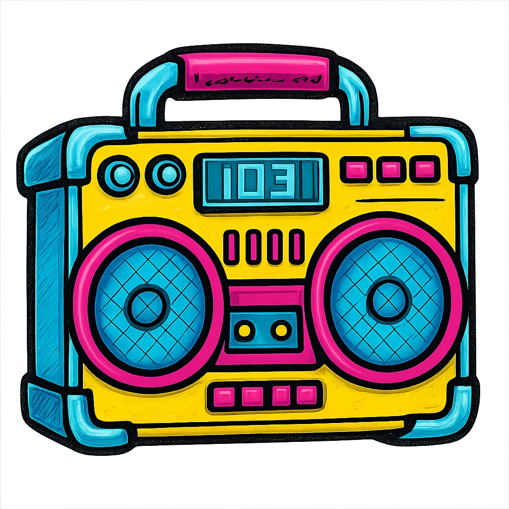 A boombox in Pop Colors style, with a futuristic look, metallic accents, digital display, and a mix of vibrant and electric colors emoji