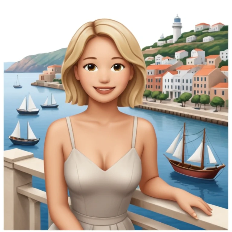 jennifer lawrence, leaning on a balcony with a harbor and cityscape in the background, smiling, closeup emoji