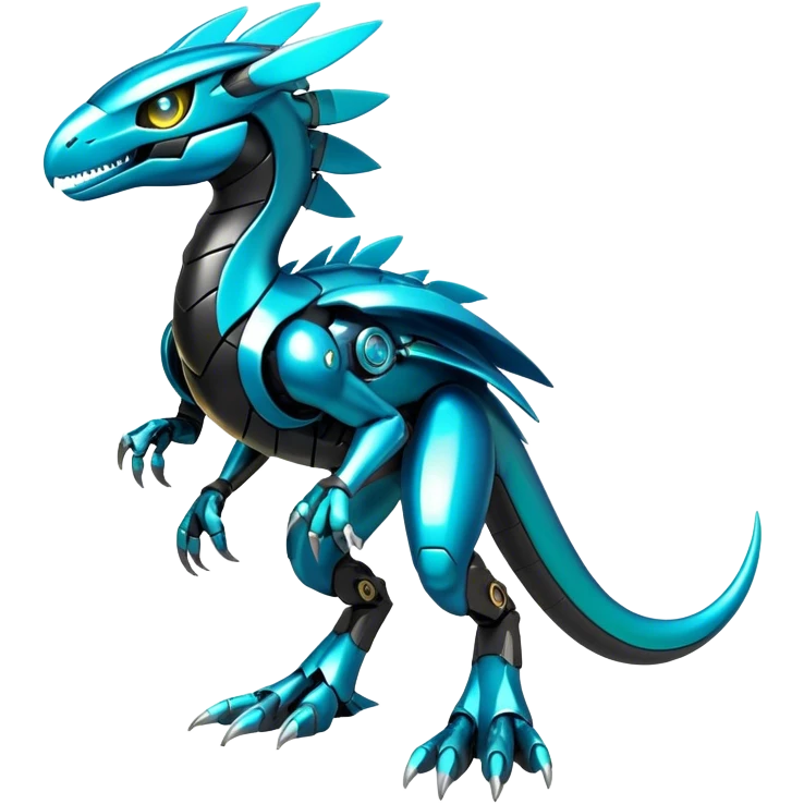 Shiny Futuristic Celestial Glossy-Metallic-Alloy Fakemon-Pokemon-Digimon-Spectrobes-Raptor-fusion, full body, four legs, black body, cyan accents, scales emoji
