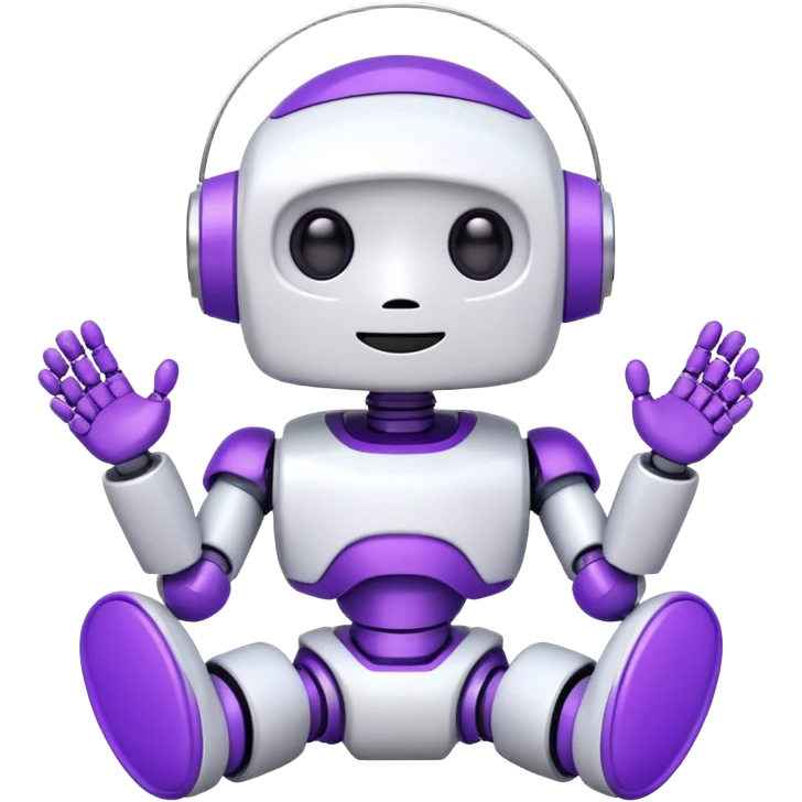 tiny white and purple robot, sitting, happy expression emoji