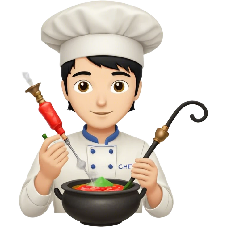 A white guy with black hair mixing a hookah bowl with a chef hats  emoji