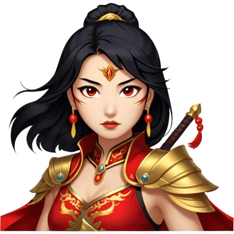 Cinematic Stunning Mulan Portrait Emoji, Fierce yet graceful, flowing raven-black hair, piercing brown eyes filled with determination, adorned in regal red and gold warrior attire, glowing with the strength and beauty of a true heroine, an elegant warrior in her prime! emoji