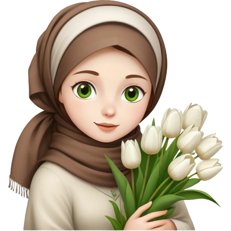 A sweet girl with white skin, green eyes, wearing a brown headscarf and bouquets of white tulips in her arms. emoji