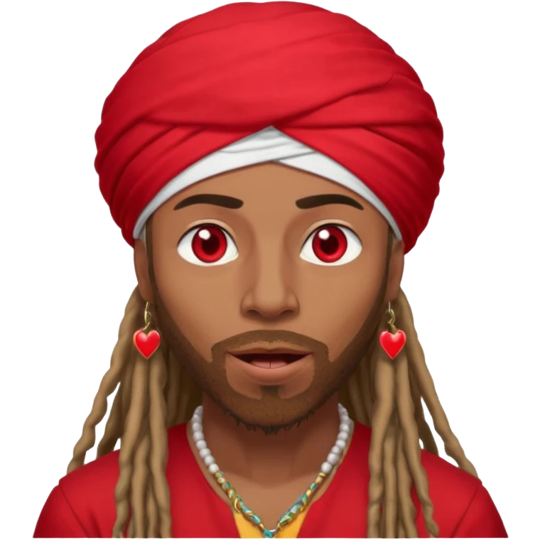 Brownskin man with long dreadlocks red shirt add white dubai turban add red heart in both of his eyes mouth open  emoji