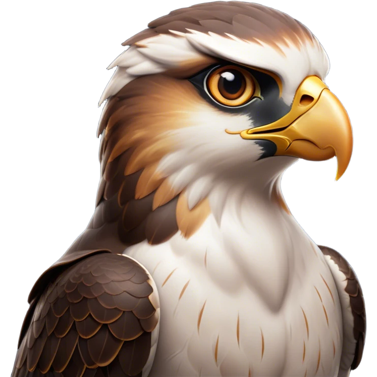 Cinematic Noble Falcon Portrait Emoji, Poised and majestic, with a streamlined, muscular build, a sharply hooked beak, and intense, piercing eyes that exude focus and speed, Simplified yet sharp and sophisticated features, highly detailed, glowing with a soft, amber radiance, high shine, intelligent and commanding, stylized with an air of aerial authority, focused and swift, soft glowing outline, capturing the essence of a watchful and confident falcon that appears ready to soar out of the screen with effortless power! emoji