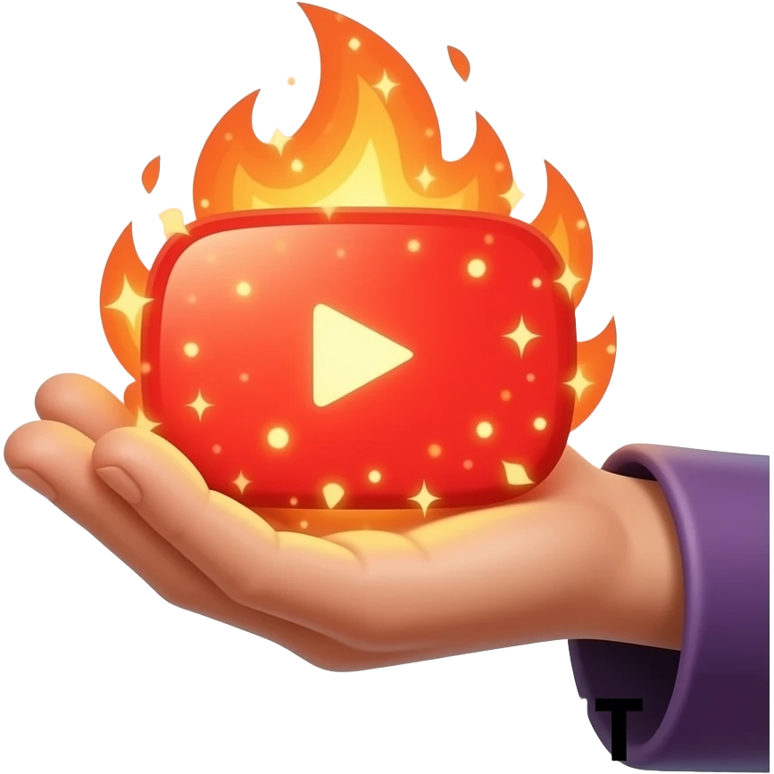 A wizard’s hand holding a glowing, magical YouTube logo like a fire spell. Text bellow: "DO YOU WANT CONTENT MAKER?" High fantasy, mystical particles, clean white background, sticker style emoji