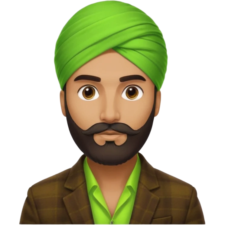 a pretty bratz emoji that looks like a bearded Akshay kumar wearing a neon green turban. Wearing a dark brown flannel blazer emoji