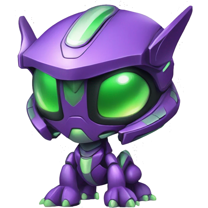 a chibi-style purple-green Genesect-Raptor-Fakémon—hybrid with a futuristic visor-helmet full body emoji