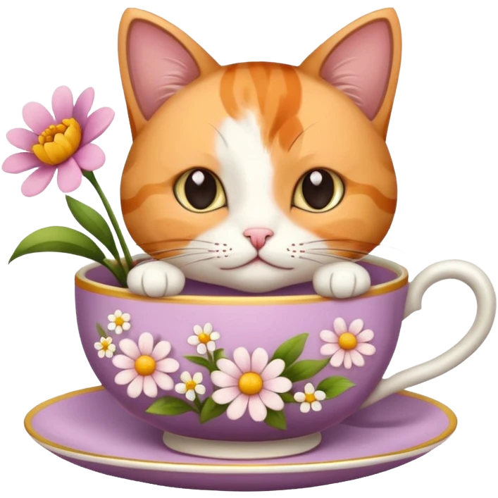 Cat in a tea cup with flowers and books emoji