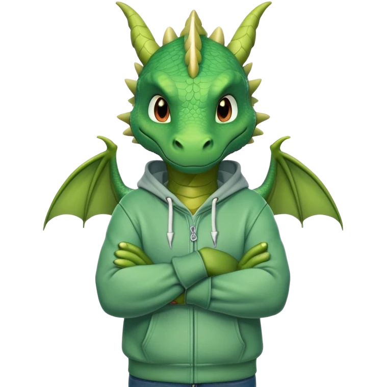 friendly anthropomorphised green dragon in a hoodie and jeans with arms folded, relaxed pose emoji