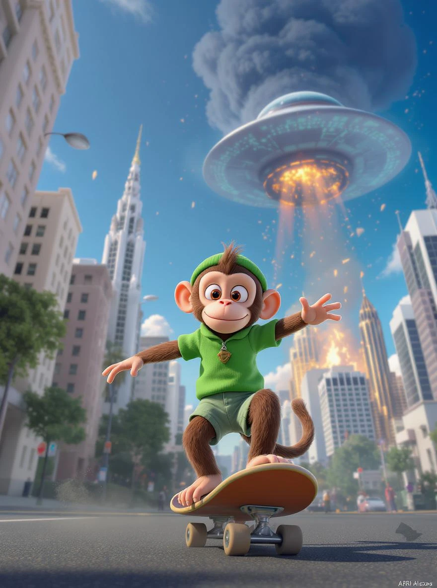 Disney style Cinematic still scane, Low angle shot, Deep staging, monkey dress in green outfit, monkey ride on skateboard, san francisno downtown with city lanscape, ufo destroying city in background, blue clean sky, shot by ARRI Alexa, soft cinematic lightning, back light, inspired by ToyStory 4 emoji