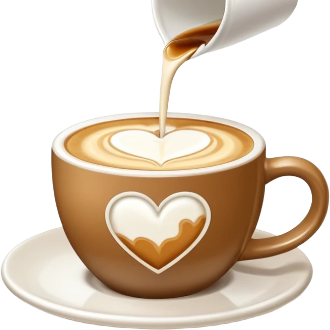 a flat white coffee without a face in a clean white coffee mug having  poured heart with latte on top emoji
