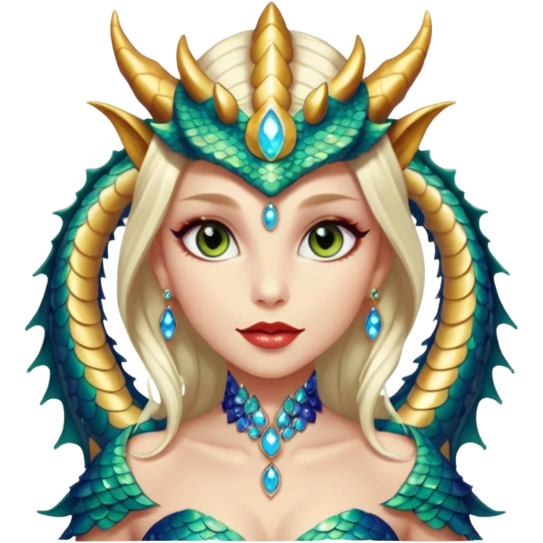 A gorgeous dragon woman with glittering jeweled scales covering her body and face. She has large almond shaped eyes, lush lips, and she wears a stunning luminescent gown. emoji