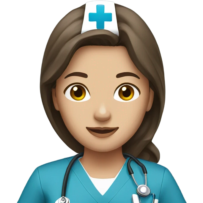 Nurse, woman, long brunette hair, blue scrubs emoji