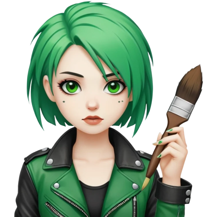 punk-girl with green hair in leather jacket with brush and 🤟🏻  emoji
