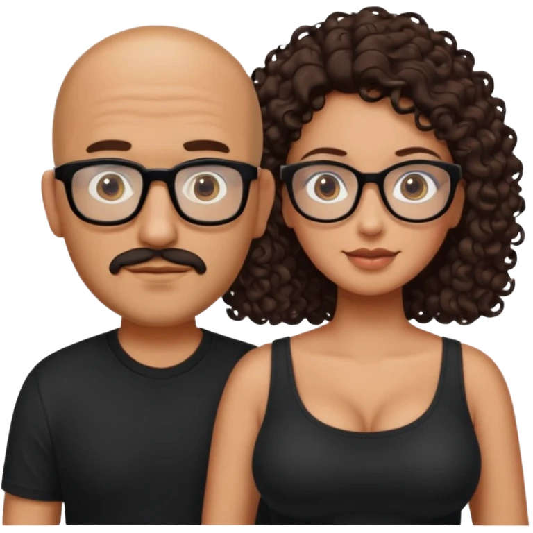A picture of a tanned couple. the man is a Mexican man with tanned skin, with a bald hair cut, short beard and wearing a black shirt, no glasses. the woman is wearing rectangle shaped glasses, with long curly dark brown hair and with big boobs  emoji