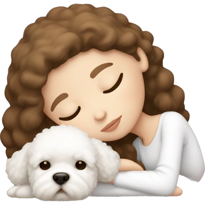 White girl brown hair sleeping with Mini Bichon emoji