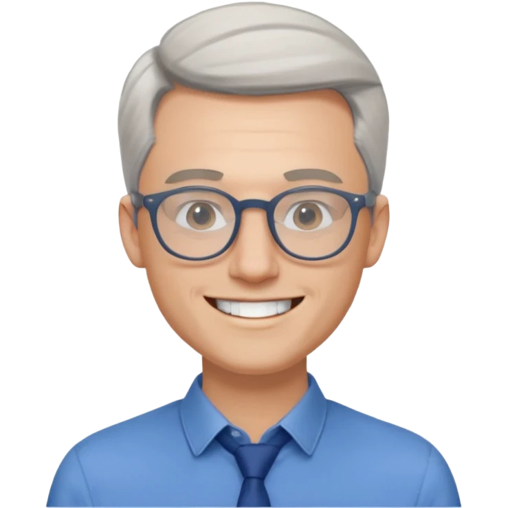 30 yr old pale white man, white/grey side swept stylish hair, round glasses, big smile, white teeth, handsome, longer hair, thin glasses, blue dress shirt emoji