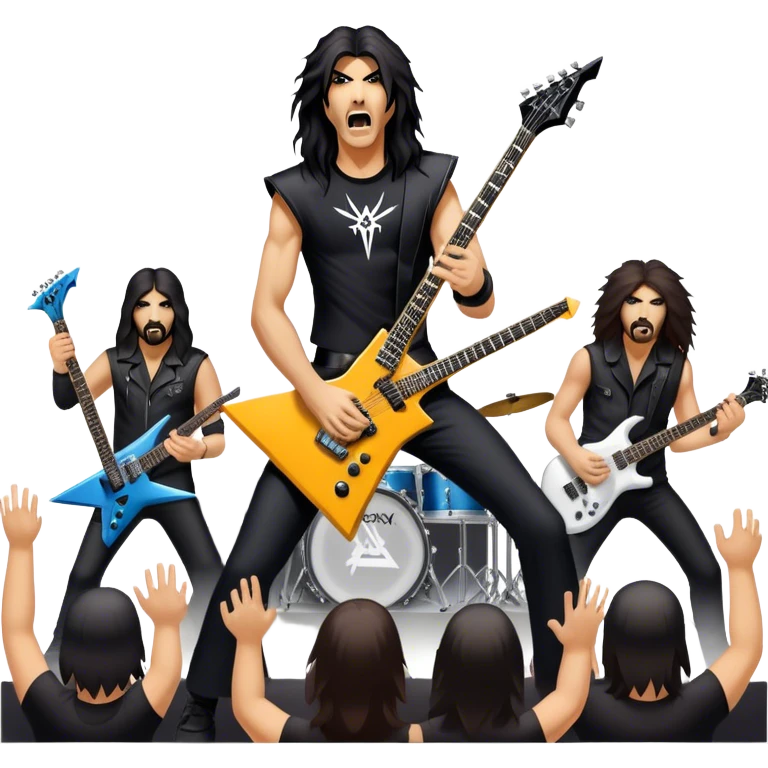 Icon for Heavy Metal: Anthrax band performing live on stage with electric guitars, drums, and a vocalist. The crowd is energetic, with heavy metal vibes. The design should capture the raw power and intensity of a live metal concert. Transparent background. emoji
