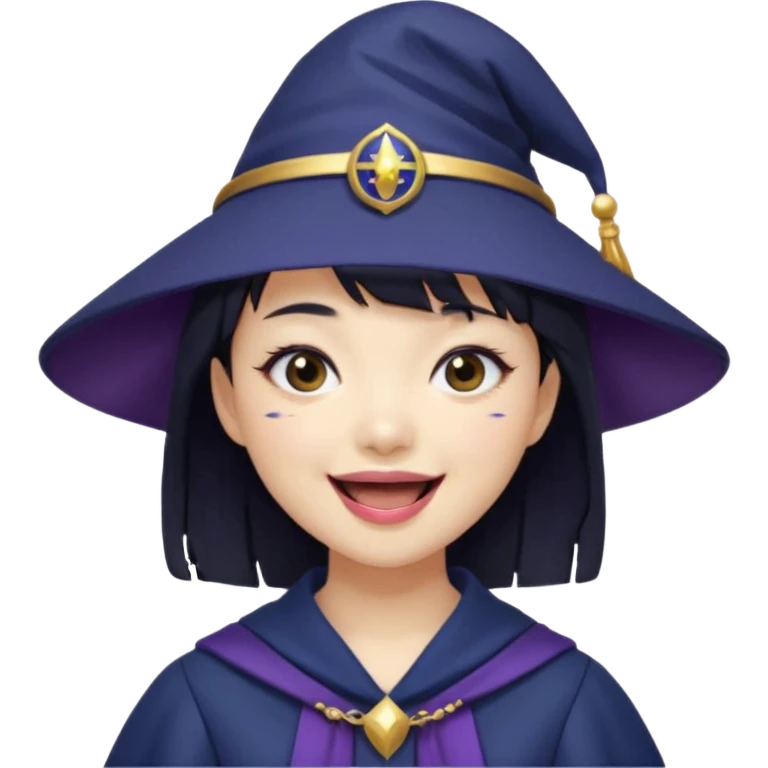 An Asian short-haired girl with short raven hair and bangs, with heterochromia eyed, eyeliner, and laughs with teeth and her tiny fang of mauve-toned lipstick, wears a dark navy wizard hat with an emblem on it. emoji