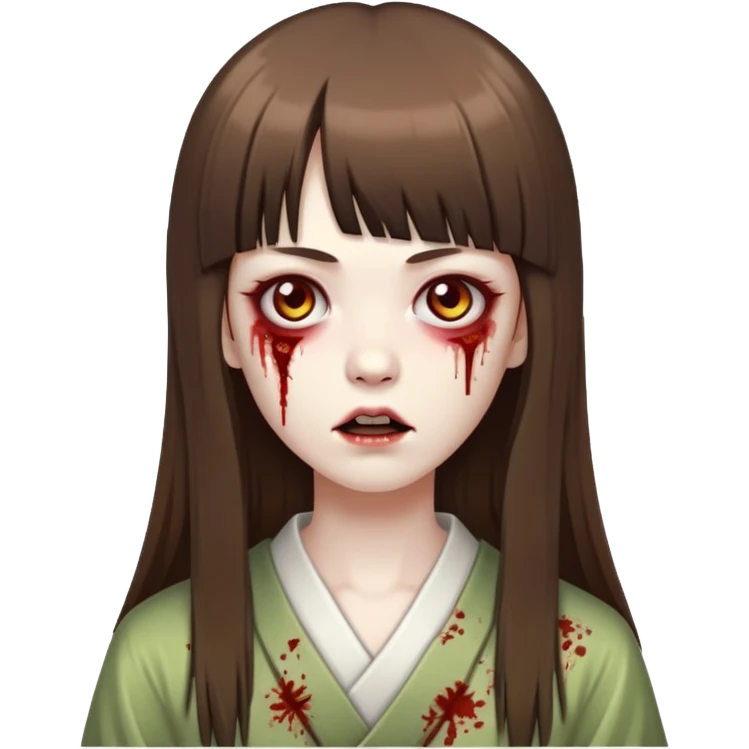 quero que voce crie uma foto baseada nesse emoji 🧟‍♀️ mas que seja uma zumbi com cabelo longo e castanho com franja meio japonesa. emoji