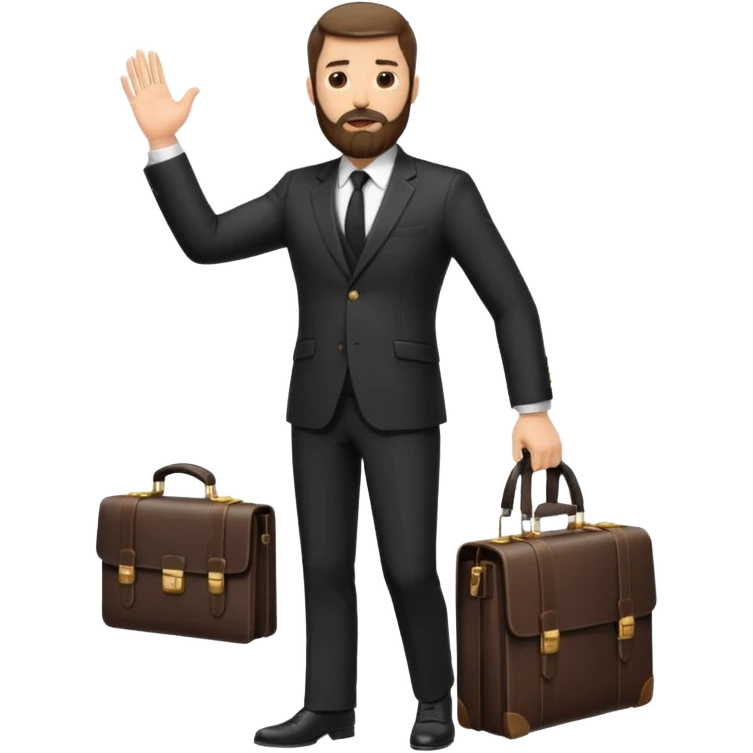 A handsome man, 40+ years old, with a thick beard in a black suit, fair skin, short stylish haircut, full-length photo, wearing an expensive watch, unusual pose, holding a briefcase emoji