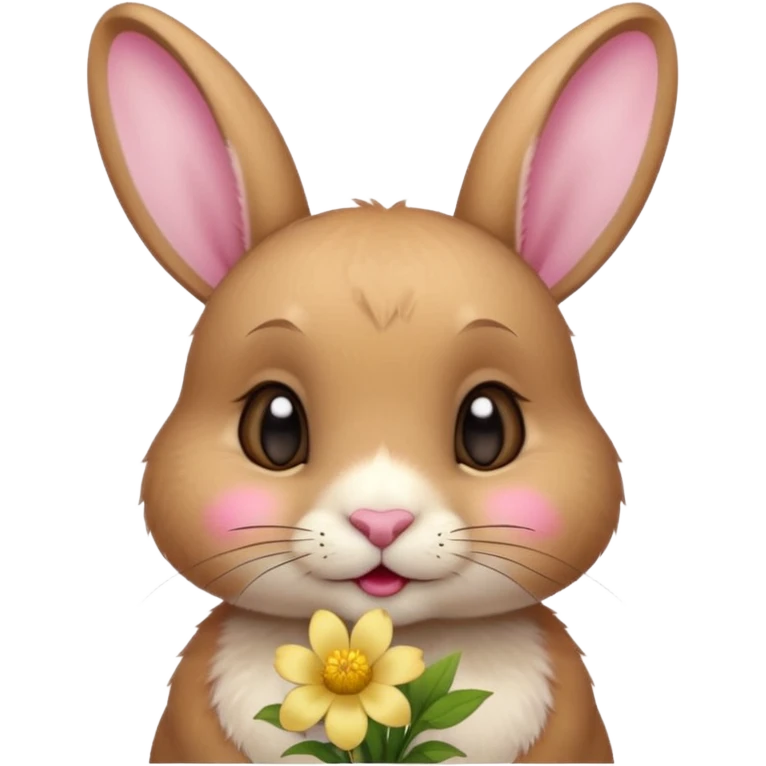 I want a cute short haired rabbit with a light yellow flower on its ears making a kissing face emoji