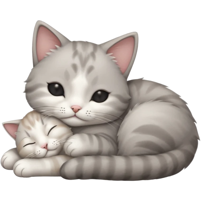 grey and white small cat with its eyes closed lying down leaning on his elbow with his paw curled under his head holding it up emoji