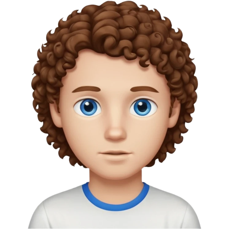 White boy with blue eyes and brown semi long hair with a White shirt without a side part, curly hair emoji