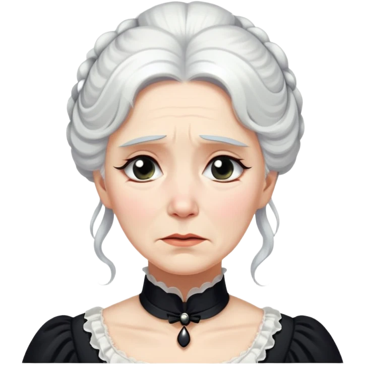 A Victorian woman with elegant coiffed white hair wearing a modest black mourning dress sobbing with tears streaming down her cheeks emoji