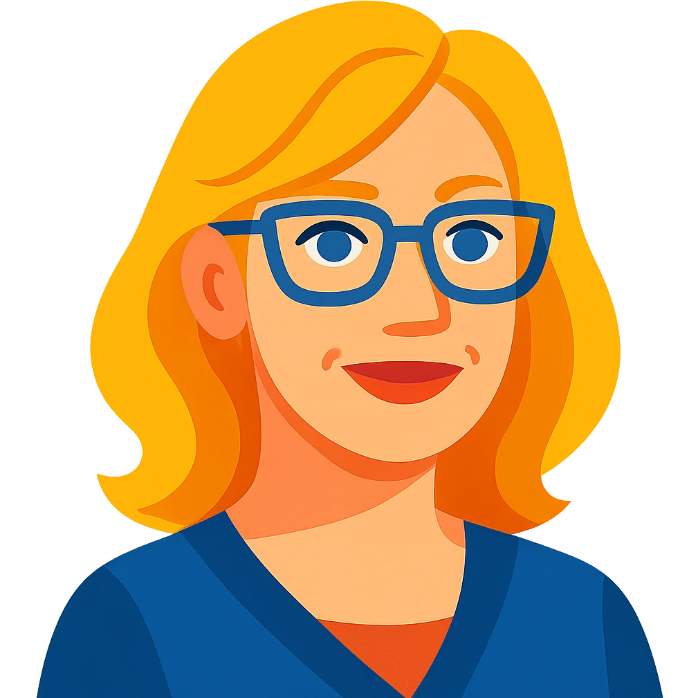 vibrant toon style blonde 40 year old woman with blue eyes and glasses emoji