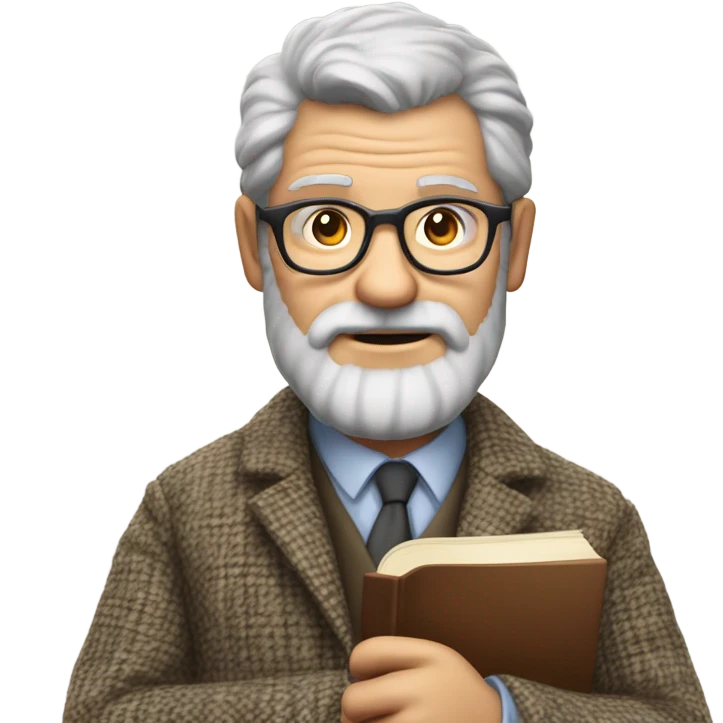 "A middle-aged man with graying hair, a beard, and round glasses. He has a serious, regretful expression, wears a tweed jacket, and holds a book or chalk." emoji