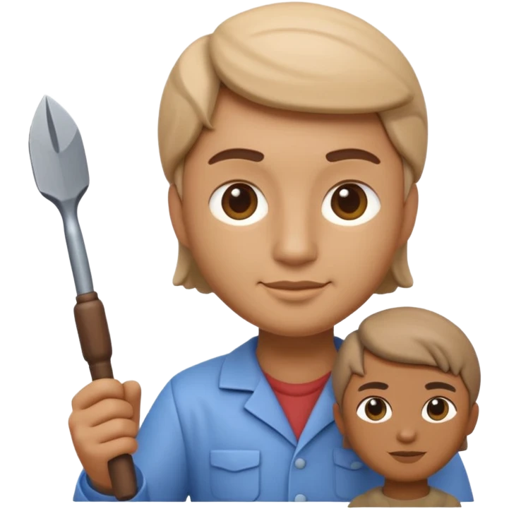 Apple Memoji-style 3D emoji of a sculptor with a small statue and chisel, smooth gradients, rounded edges, no background.during sculpting emoji