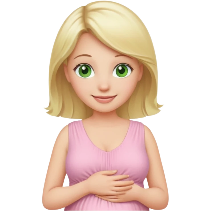blond pregnant woman smiling in pink pale dress with green eyes emoji