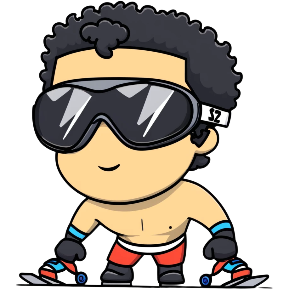 shirtless male athlete with white skin and moderately curly black hair on top with shaved sides, wearing black ski goggles with very dark heavily tinted black lenses that completely hide the eyes, and a simple plain black chain necklace, no earrings emoji