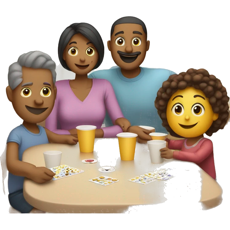 An emoji of a family—mother, father, and child—sitting at a table, playing a cup game with paper cups arranged on the table as they have fun together emoji