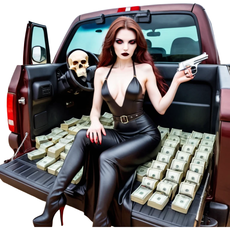 Lilith red eye seductress evil long brown haired sexy succubus woman with leather long seductive dress on, sitting in Big Large F350 pickup truck. Wearing super tall black platform high heels, Back seat full of stacks of cash, she is  Holding a human skull of her enemies and a gun in other hand emoji