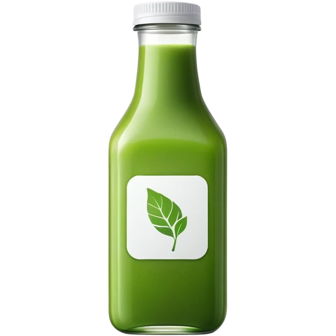green juice in clear square bottle with label emoji