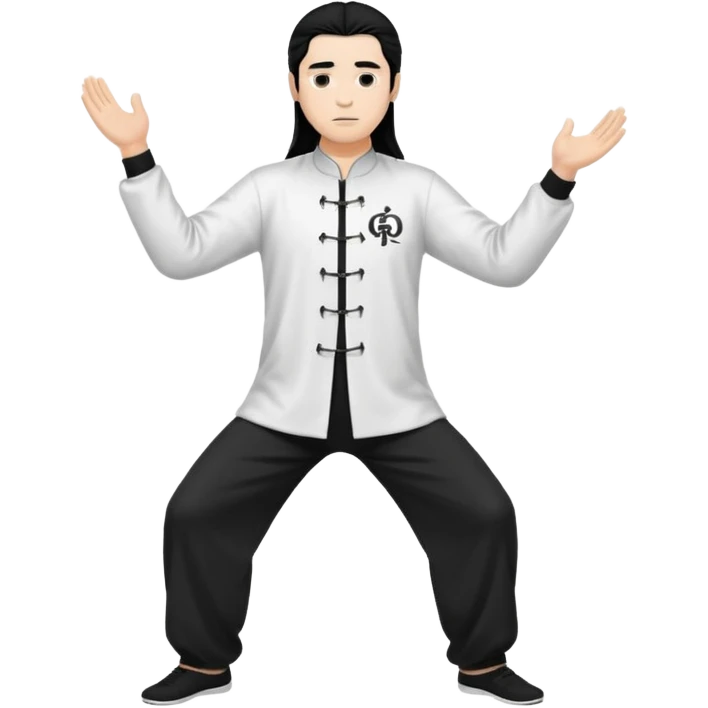 homme au cheveux long qui pratique le qi gong, habits noirs ou blancs, en position debout emoji