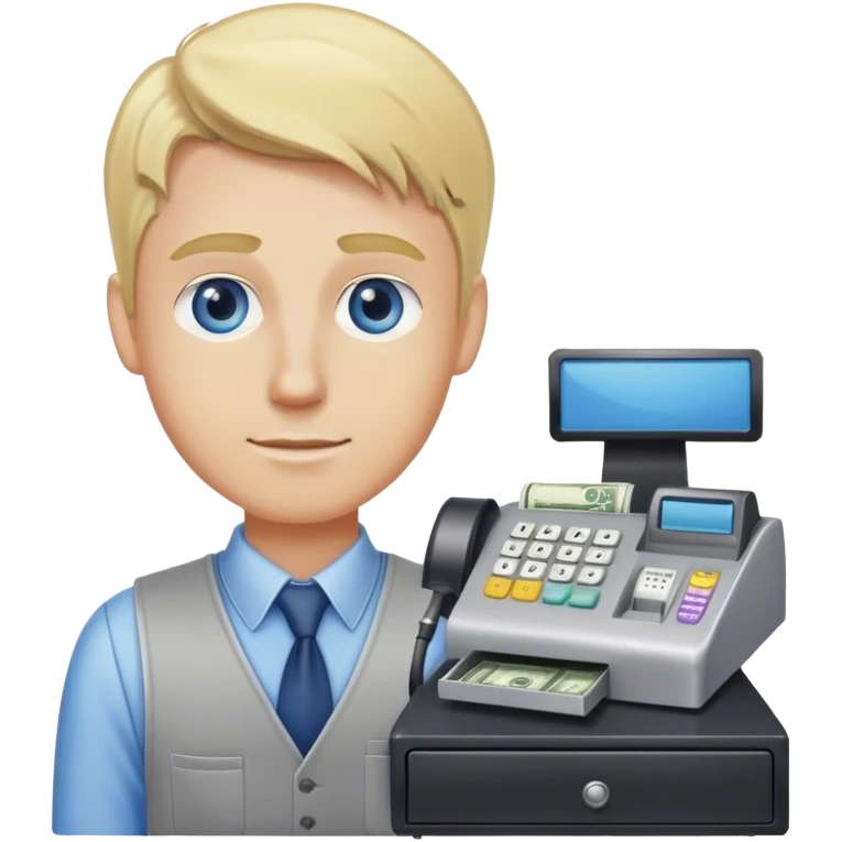 blond hair blue eye male store clerk with cash register emoji
